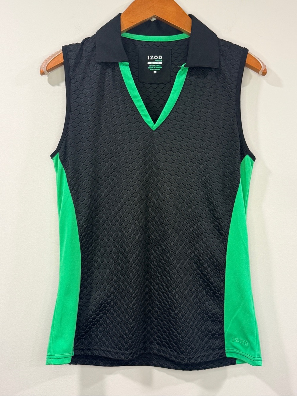Izod Womens Black Sleeveless Golf Polo Tank with Bright Green Accents Size M